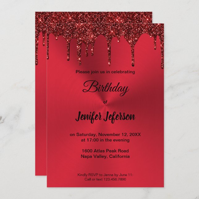Metallic red glitter Birthday Invitation (Front/Back)