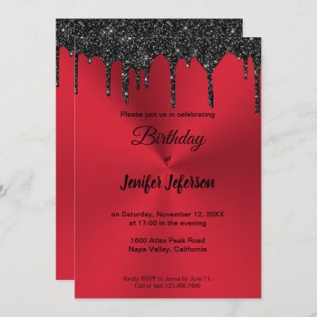 Metallic Red Glitter Birthday Invitation by aquachild at Zazzle