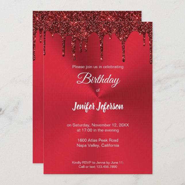 Metallic red glitter Birthday Invitation (Front/Back)