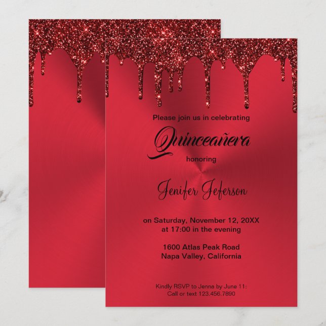 Metallic red glitter Quinceanera Invitation (Front/Back)
