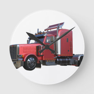 Metallic Red Semi Tractor Traler Truck Round Clock