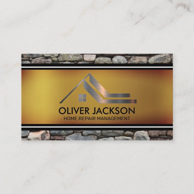 Metallic Residential Roof Logo | Stone Wall  Business Card (Front)