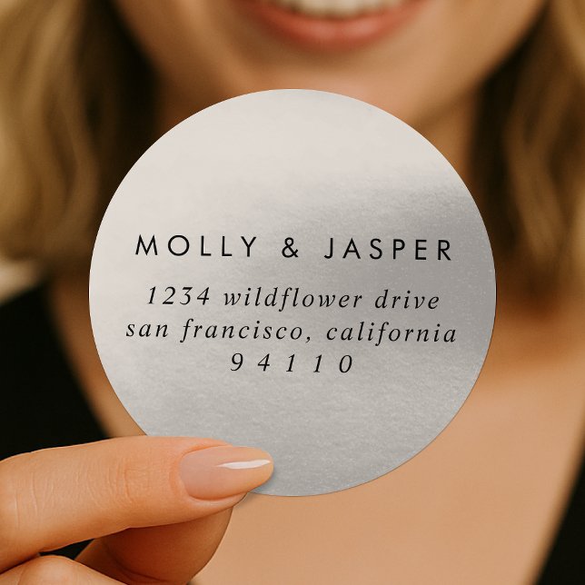 Metallic Return Address Label | Champagne Sticker (Editable his & her names circular sophisticated metallic silver return address sticker template)