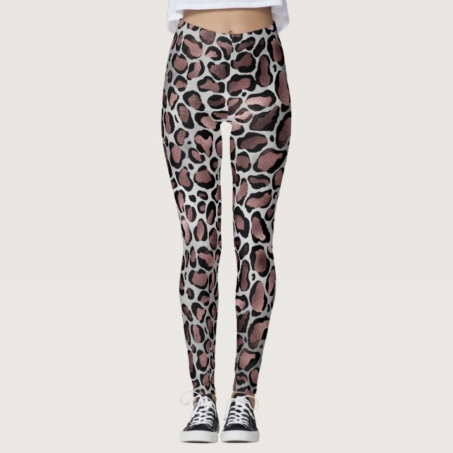 Metallic Rose Gold & Black Leopard Spots on White Leggings (Front)