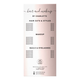 Metallic rose gold calligraphy hair makeup price rack card