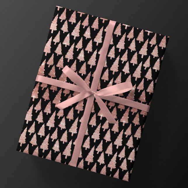 Metallic Rose Gold Christmas Trees on Black Gift Wrapping Paper (Creator Uploaded)