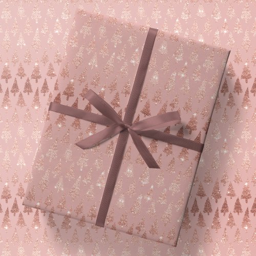 Metallic Rose Gold Christmas Trees on Mauve Gift Wrapping Paper