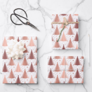 Metallic Rose Gold Christmas Trees Pattern Wrapping Paper Sheets