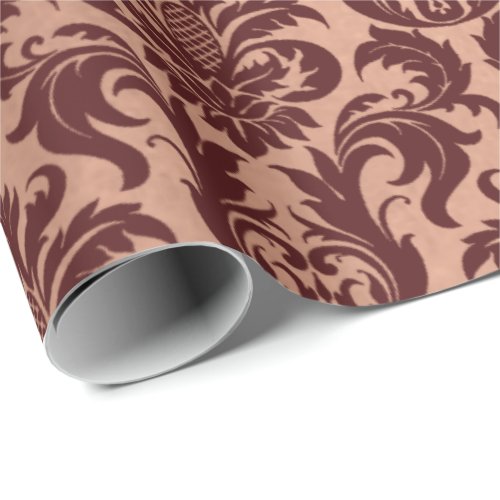 Metallic Rose Gold Copper Burgundy Maroon Damask Wrapping Paper