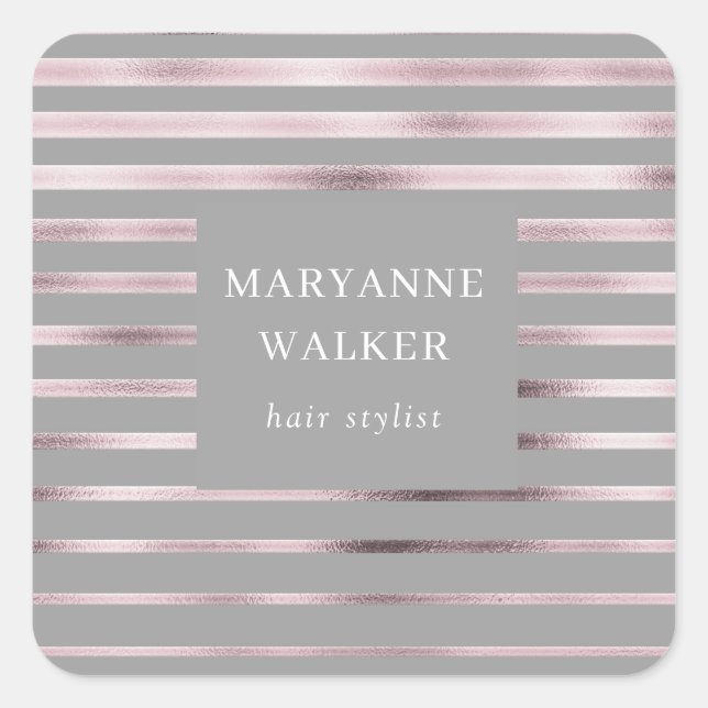metallic rose gold foil stripes elegant monogram square sticker (Front)
