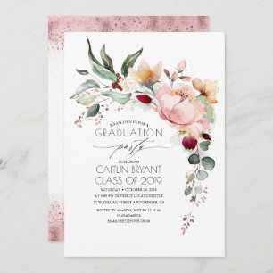 Metallic Rose Gold Glitter Floral Graduation Invitation