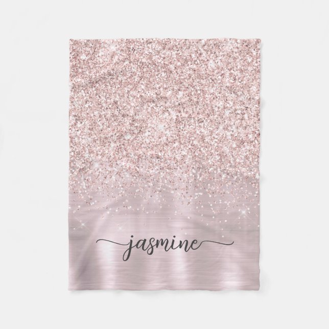 Metallic Rose Gold Glitter Monogram Name  Fleece Blanket (Front)