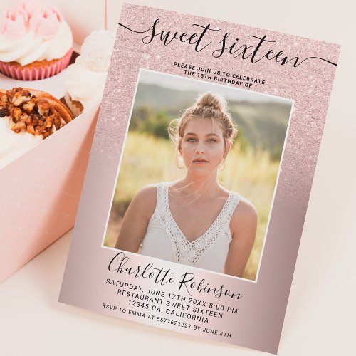 Metallic rose gold glitter ombre 3 photos Sweet 16 Invitation