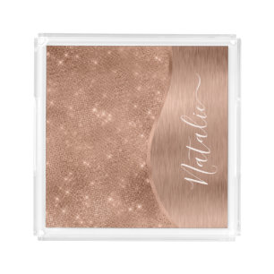 Metallic Rose Gold Glitter Personalized Acrylic Tray