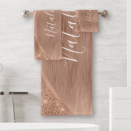 Metallic Rose Gold Glitter Personalized Bath Towel Set