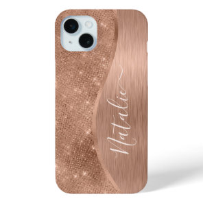 Metallic Rose Gold Glitter Personalized iPhone 15 Plus Case