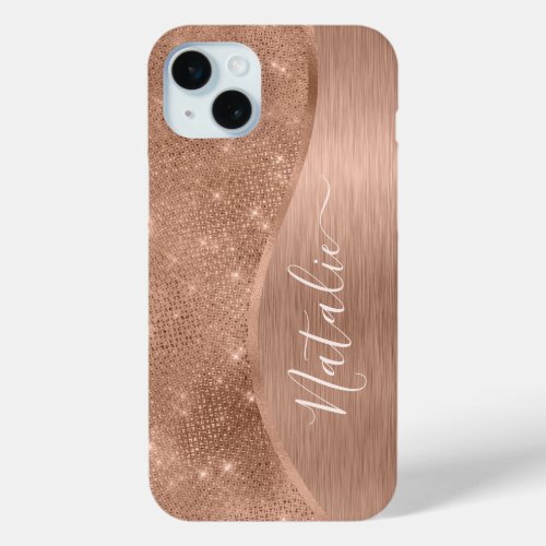 Metallic Rose Gold Glitter Personalized iPhone 15 Plus Case