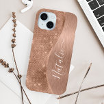 Metallic Rose Gold Glitter Personalized  iPhone 15 Case<br><div class="desc">Easily personalize this rose gold brushed metal and glamorous faux glitter patterned phone case with your own custom name.</div>