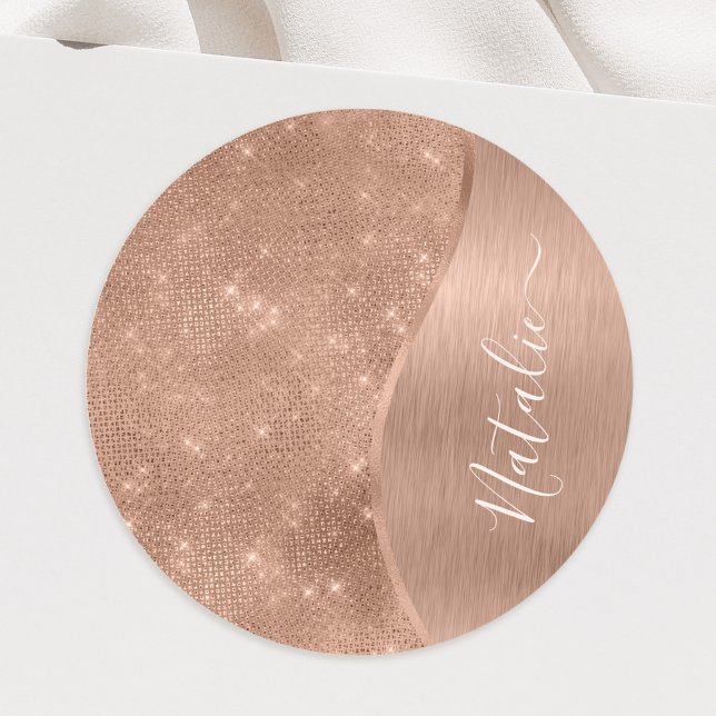 Metallic Rose Gold Glitter Personalized Classic Round Sticker (Creator Uploaded)