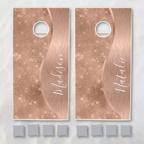 Metallic Rose Gold Glitter Personalized Cornhole Set