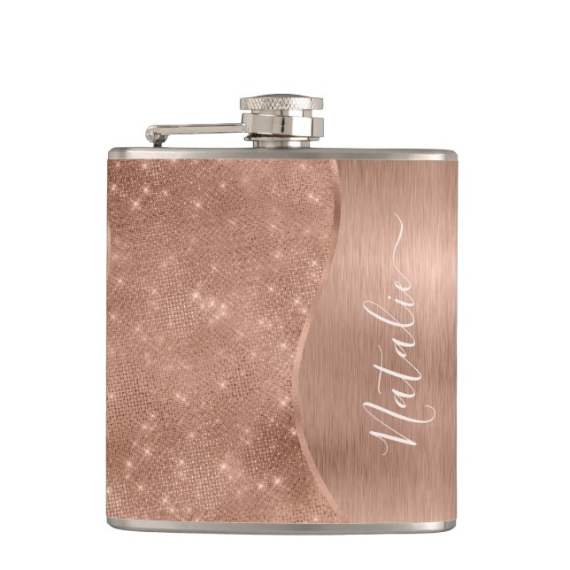 Metallic Rose Gold Glitter Personalized Flask (Front)