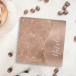 Metallic Rose Gold Glitter Personalized Glass Coaster<br><div class="desc">Easily personalize this rose gold brushed metal and glamorous faux glitter patterned glass coaster with your own custom name.</div>