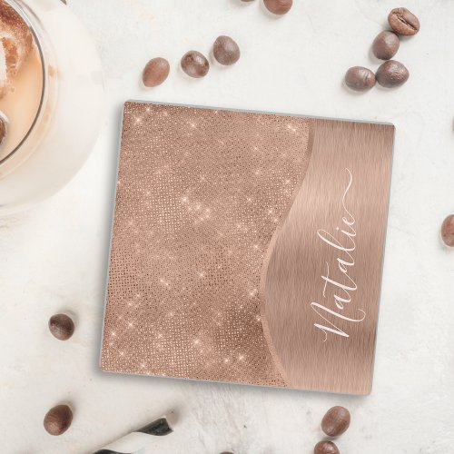 Metallic Rose Gold Glitter Personalized Glass Coaster