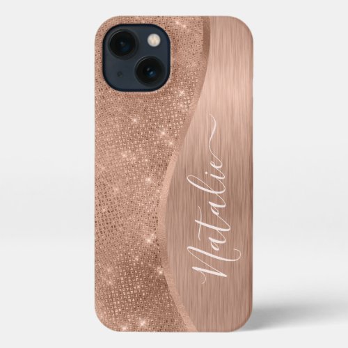 Metallic Rose Gold Glitter Personalized iPhone 13 Case