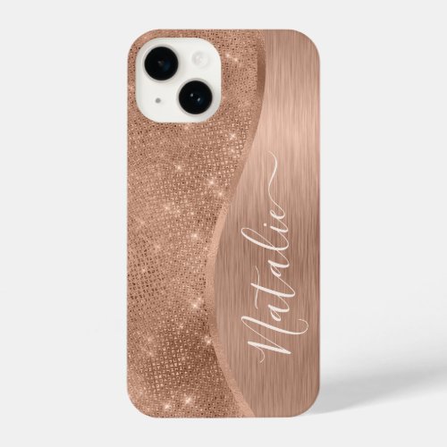 Metallic Rose Gold Glitter Personalized iPhone 14 Case