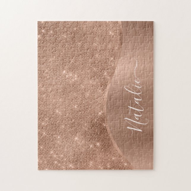 Metallic Rose Gold Glitter Personalized  Jigsaw Puzzle (Vertical)