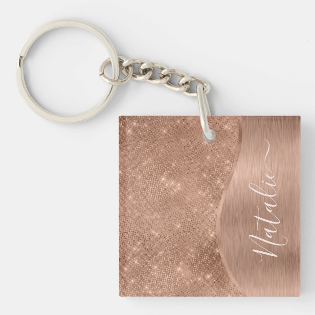Metallic Rose Gold Glitter Personalized Keychain (Front)