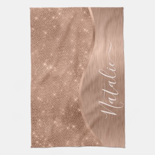 Metallic Rose Gold Glitter Personalized Kitchen Towel