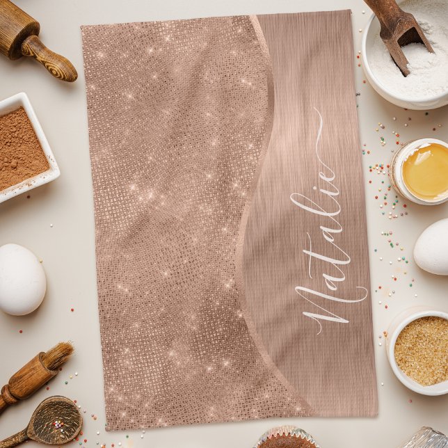 Metallic Rose Gold Glitter Personalized Kitchen Towel (Creator Uploaded)