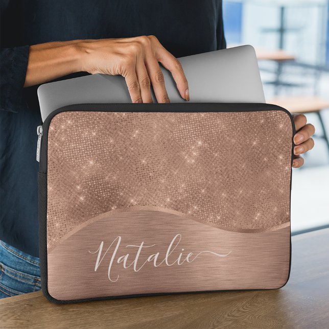 Metallic Rose Gold Glitter Personalized Laptop Sleeve (Creator Uploaded)
