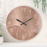 Metallic Rose Gold Glitter Personalized Large Clock<br><div class="desc">Easily personalize this rose gold brushed metal and glamorous faux glitter patterned wall clock with your own custom name.</div>