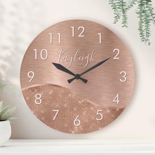Metallic Rose Gold Glitter Personalized Large Clock