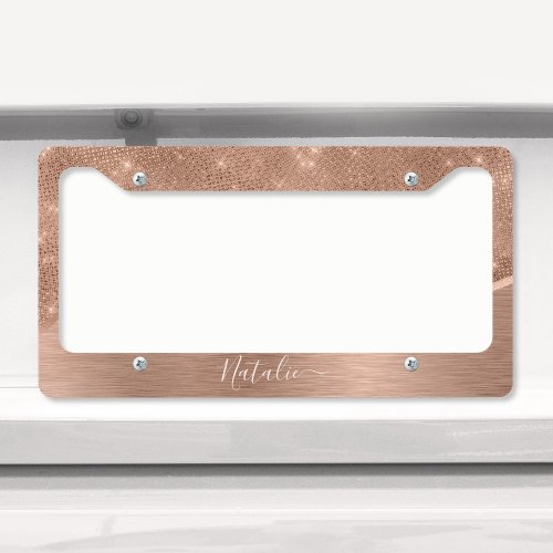 Metallic Rose Gold Glitter Personalized License Plate Frame