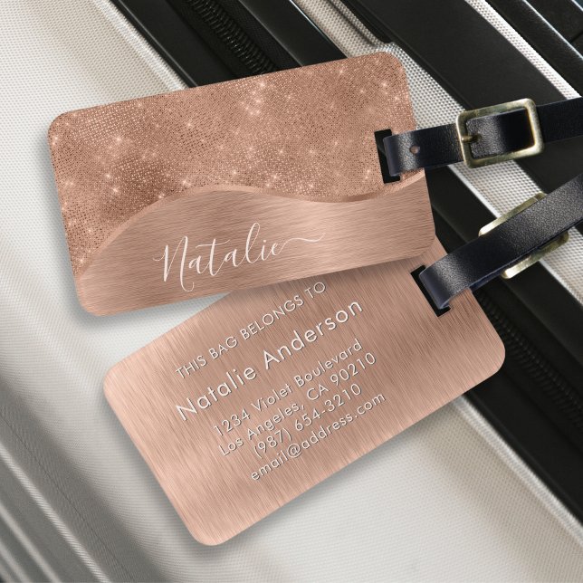 Metallic Rose Gold Glitter Personalized Luggage Tag (Creator Uploaded)