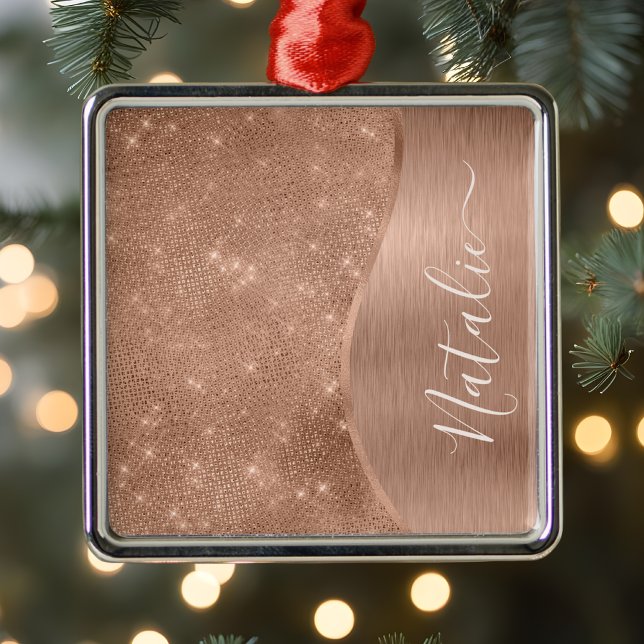 Metallic Rose Gold Glitter Personalized Metal Ornament (Creator Uploaded)