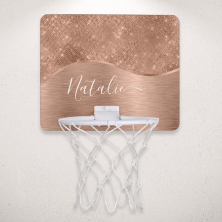 Metallic Rose Gold Glitter Personalized Mini Basketball Hoop