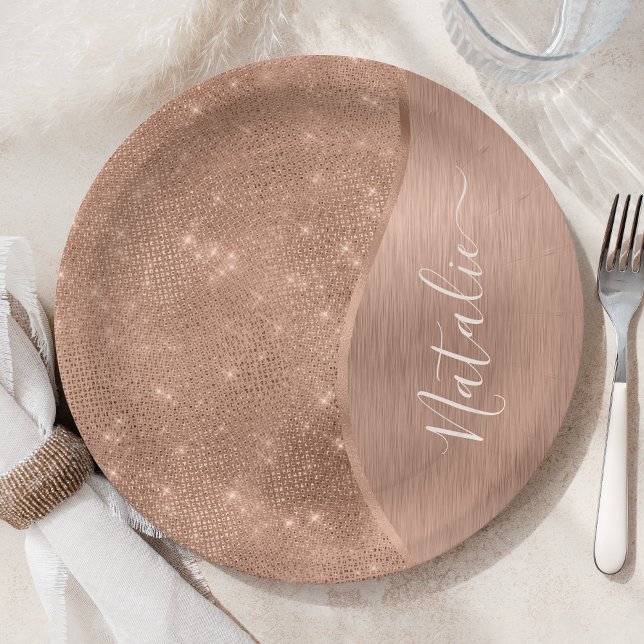 Metallic Rose Gold Glitter Personalized Paper Plates (Creator Uploaded)