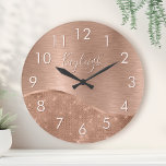 Metallic Rose Gold Glitter Personalized Round Clock<br><div class="desc">Easily personalize this rose gold brushed metal and glamorous faux glitter patterned wall clock with your own custom name.</div>