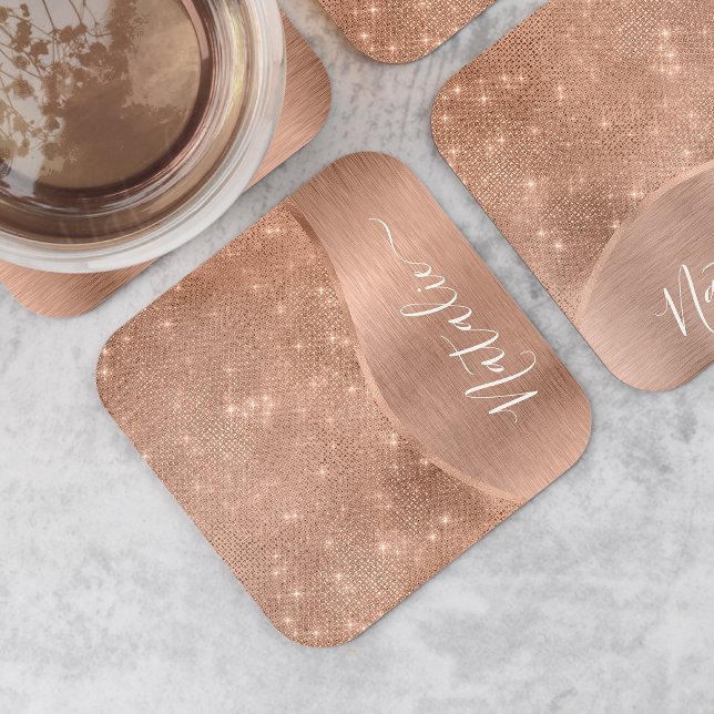 Metallic Rose Gold Glitter Personalized Square Paper Coaster (Creator Uploaded)