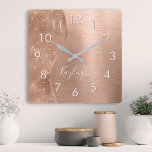 Metallic Rose Gold Glitter Personalized Square Wall Clock<br><div class="desc">Easily personalize this rose gold brushed metal and glamorous faux glitter patterned wall clock with your own custom name.</div>