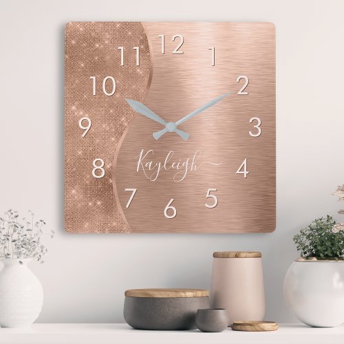 Metallic Rose Gold Glitter Personalized Square Wall Clock