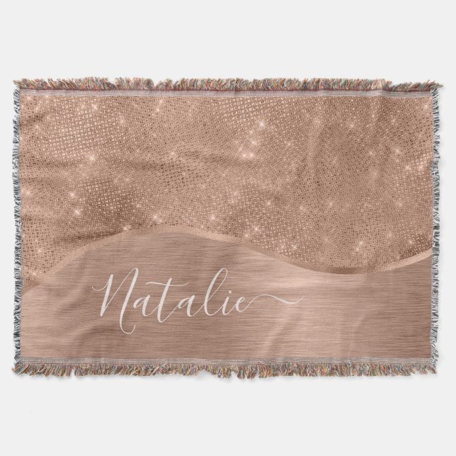 Metallic Rose Gold Glitter Personalized Throw Blanket (Front)