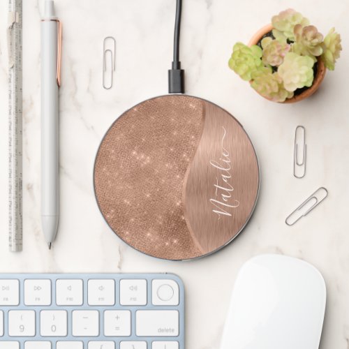 Metallic Rose Gold Glitter Personalized Wireless Charger