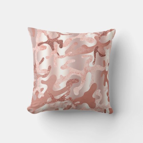 Metallic Rose Gold Glitter Pink Marble Camo Print Throw Pillow