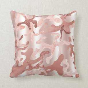 Metallic Rose Gold Glitter Pink Marble Camo Print Throw Pillow