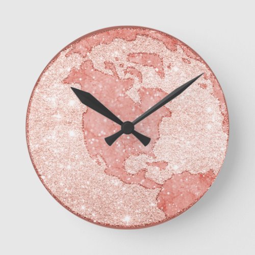 Metallic Rose Gold Glitter Pink Marble Globe Round Clock